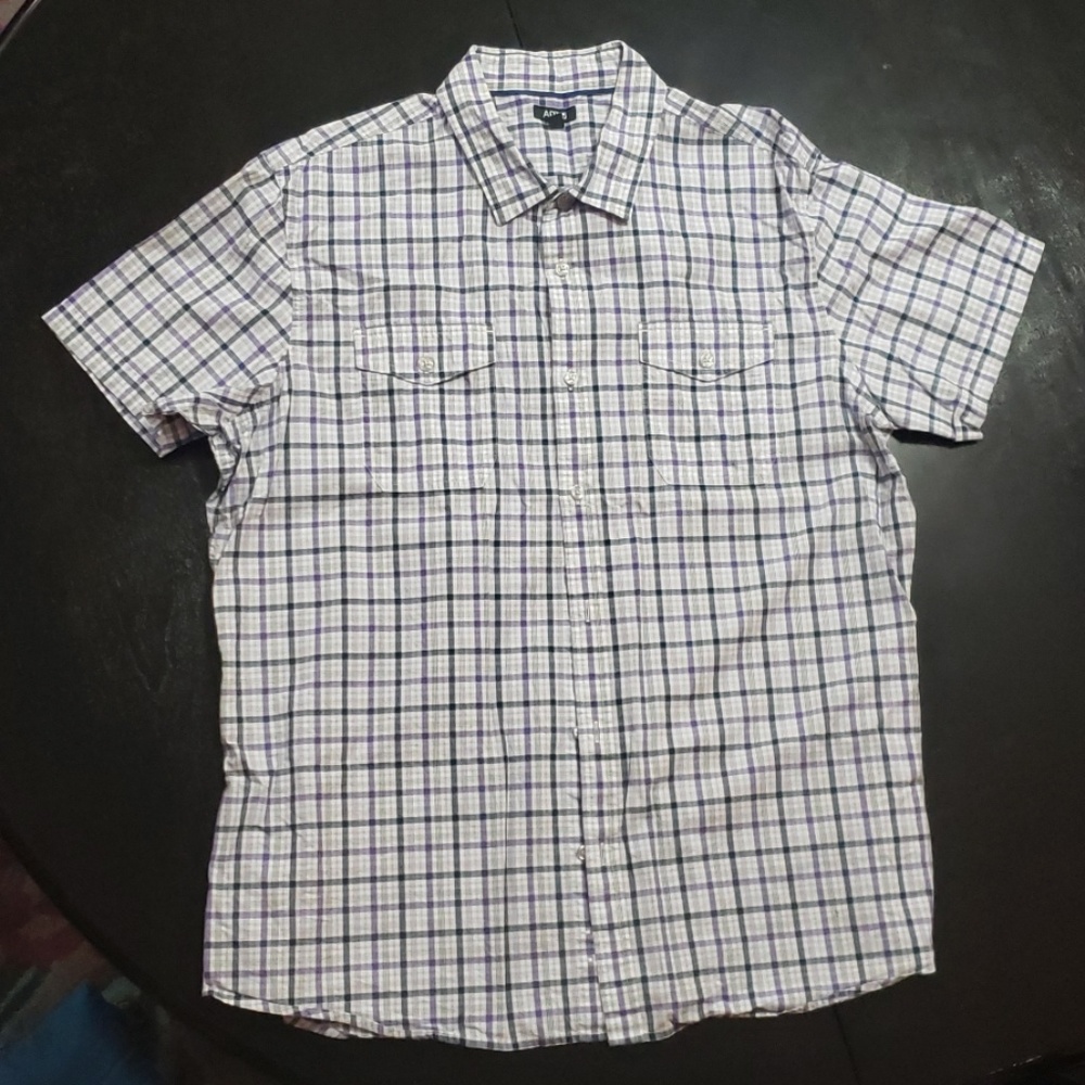 Purple plaid patterned short sleeve button up